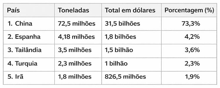 Tabela destacando os cinco principais compradores da soja brasileira com colunas Posição, País, Participação e Valor exportado em bilhões de dólares