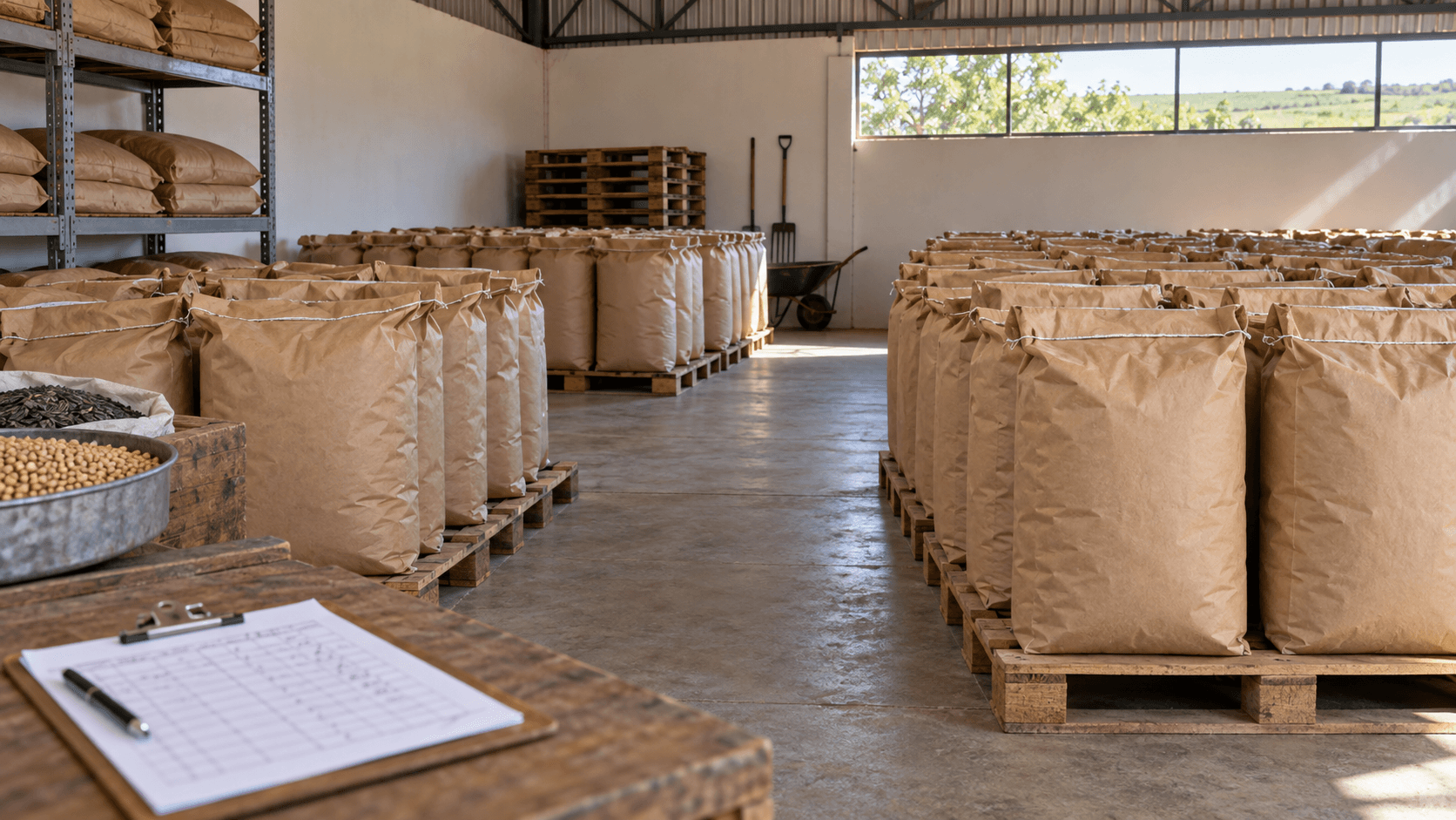 Insumos embalados e organizados em um almoxarifado rural, prontos para conferência.