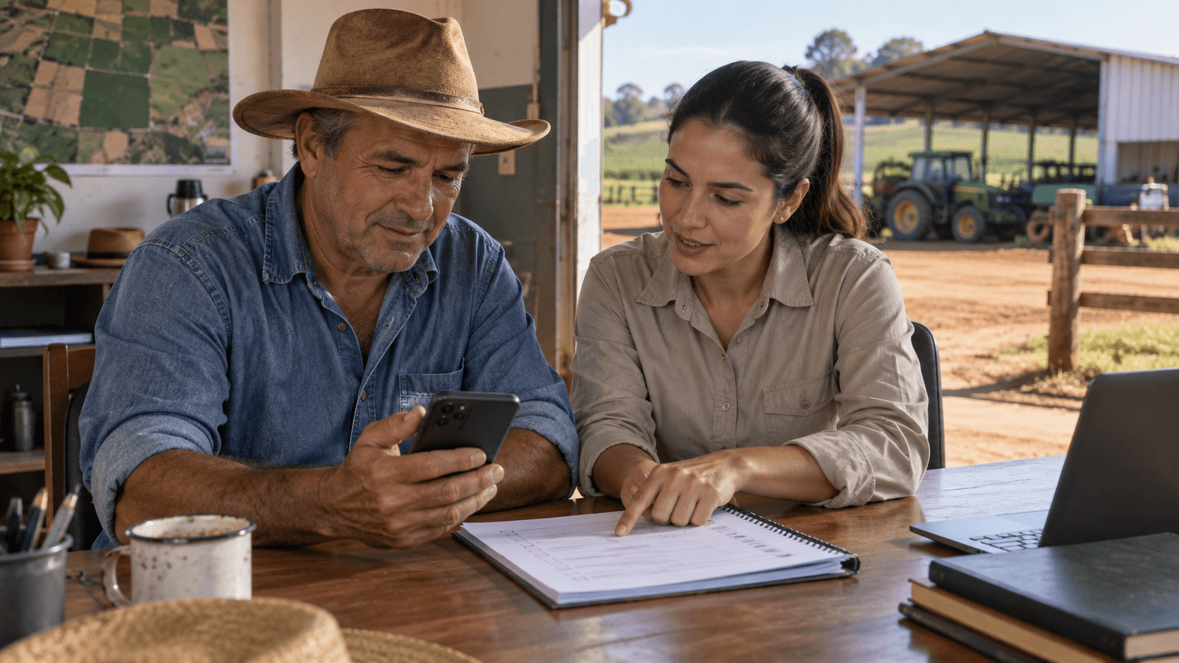 Produtor aprende uma rotina de registro no celular com orientação ao lado.