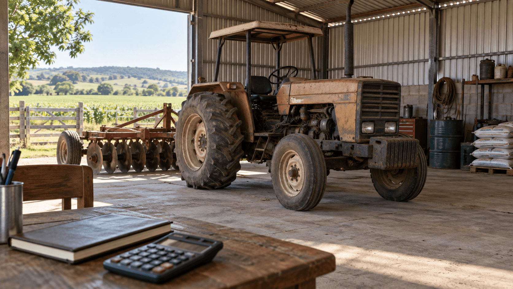 Trator e implemento parados em barracão de fazenda, com espaço de oficina ao fundo.