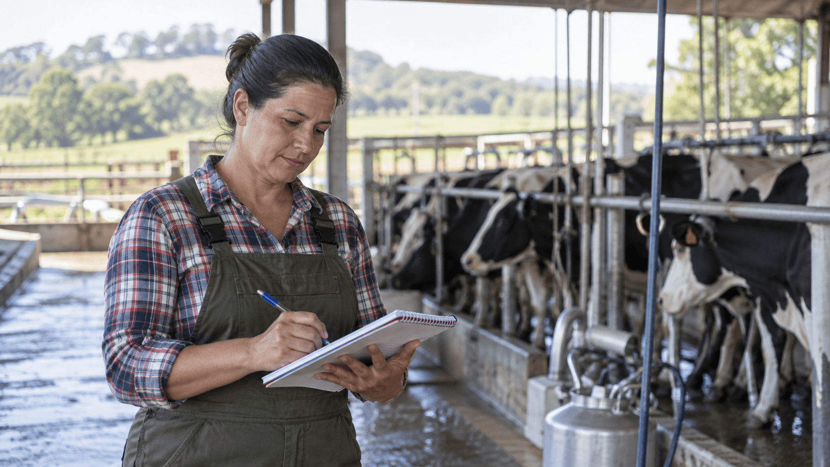 Produtora confere registros da atividade leiteira com vacas ao fundo.